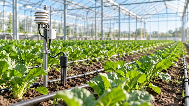 Soil and climate sensors beside crop rows in a greenhouse