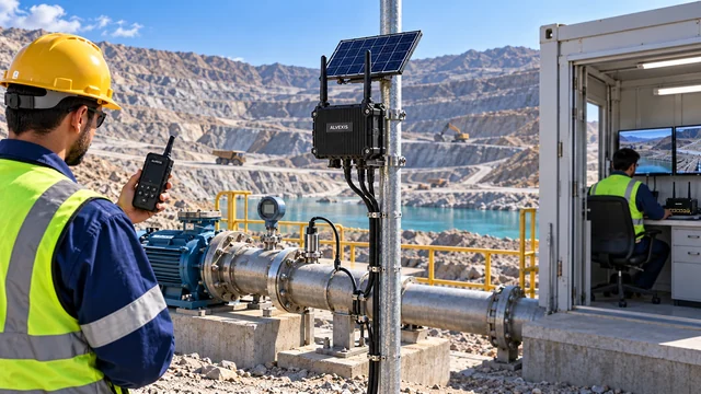Field engineer, connected pump sensors and solar-powered telemetry gateway at a mining site